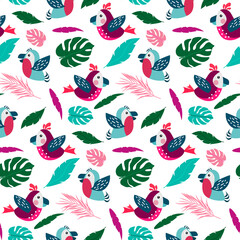 Pattern with colorful parrots and leaves. Print for use in wrapping paper, fabric, covers, brochures and flyers, various designs for kids. Vector illustration isolated on white background.