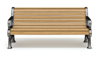 Front view of wooden park bench on white background - 3D illustration - obrazy, fototapety, plakaty
