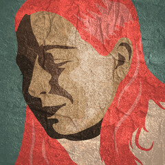 Silhouette of a female head. Stone material grunge texture