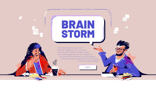 Brainstorm banner. Concept of team meeting in company office for exchange ideas and minds, find business solutions. Vector poster of brainstorming with flat illustration of people communication