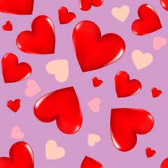 Red 3D hearts and pink hearts on a colored background. Seamless background. Stylish creative wallpaper
