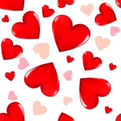 Red 3D hearts and pink hearts on a white background. Seamless background. Stylish creative wallpaper.