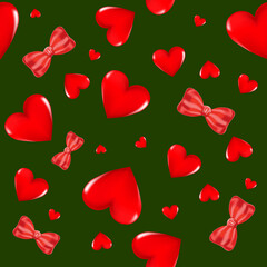 Red 3D hearts and bows on a colored background. Seamless background. Stylish creative wallpaper.