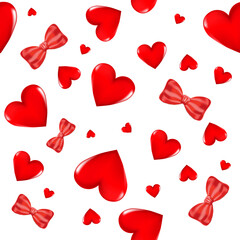 Red 3D hearts and bows on a white background. Seamless background. Stylish creative wallpaper.
