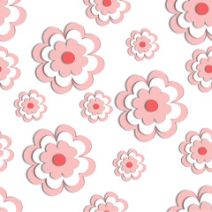 3D pink flowers on a white background. Seamless background. Stylish creative wallpaper.
