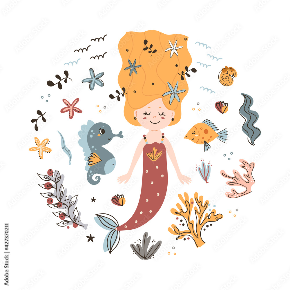 Wall mural cute mermaid portrait