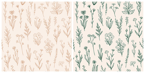 Wildflower seamless pattern set with outline florals. Retro style print design collection with hand drawn flowers in rustic colors. Simple field floral patterns for packaging, fabric design - obrazy, fototapety, plakaty