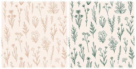 Wildflower seamless pattern set with outline florals. Retro style print design collection with hand drawn flowers in rustic colors. Simple field floral patterns for packaging, fabric design