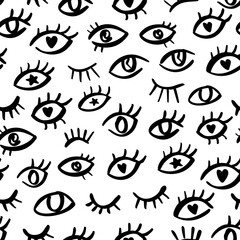 Eye seamless pattern with abstract doodle look. Simple style print design with hand drawn evil eyes. Hipster graphic pattern for packaging, fabric design.