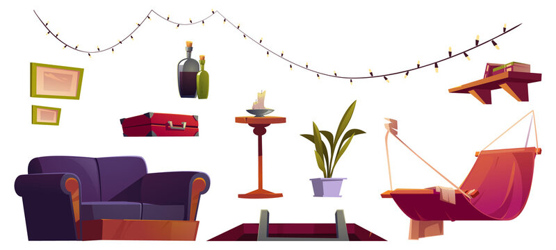 Set of attic furniture and stuff hatch with ladder, hammock, light garland and sofa, decorative pictures, old suitcase and potted plant, shelf with books and candle on stand, Cartoon vector icons