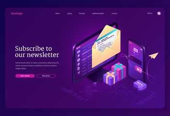 Subscribe to our newsletter banner. Email news subscription, electronic messages with gift and sale. Vector landing page with isometric letter envelope on computer screen and smartphone