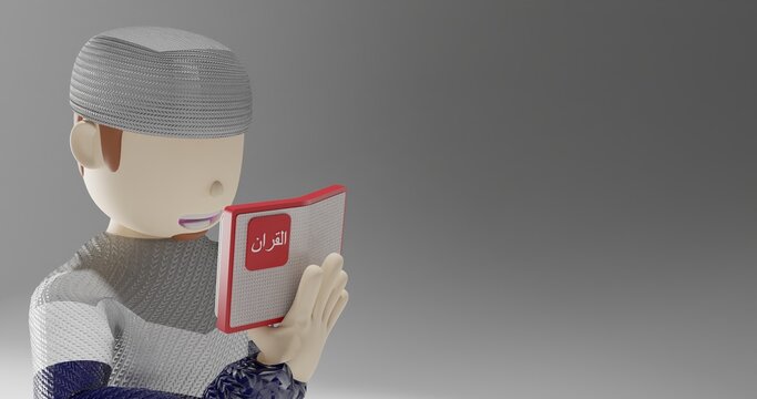 3D illustration of a smile pose Muslim reading  القران (translate in english is quran, the holy book of moslem) on a white background