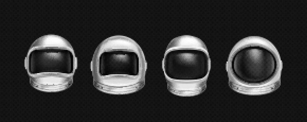 Astronaut helmets, cosmonaut mask with clear glass for space exploration and flight in cosmos. Vector realistic set of white suit part for protection spaceman head isolated on transparent background © klyaksun