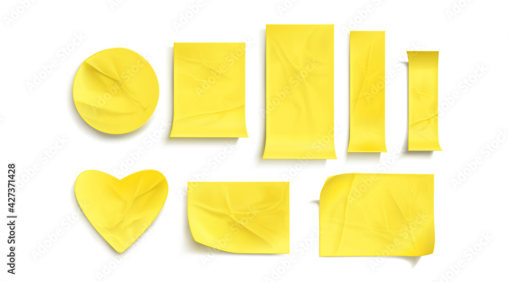 Poster yellow paper stickers, crumpled sticky notes. vector realistic set of empty glued labels with curl c