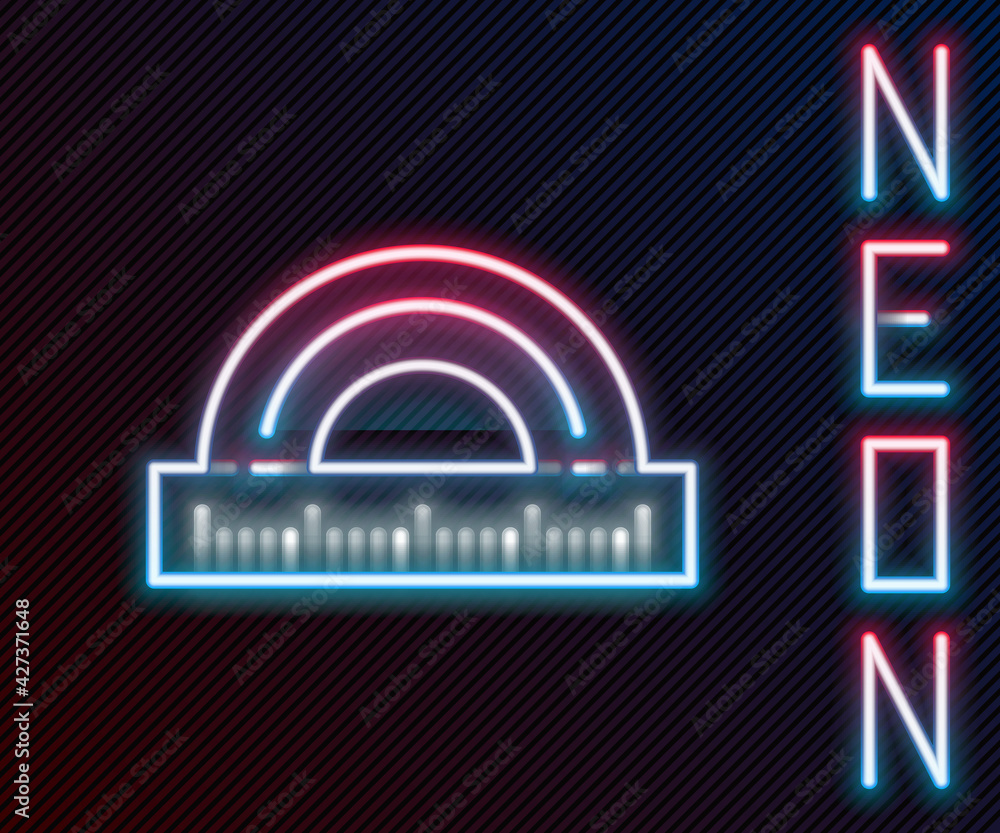 Poster glowing neon line protractor grid for measuring degrees icon isolated on black background. tilt angl