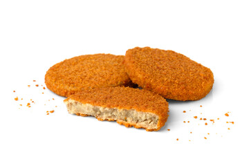 Fish burgers with crumbs isolated on white background.