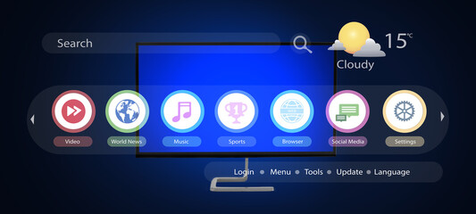 Modern TV set with virtual screen on dark background