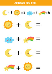 Addition for kids with cute kawaii weather elements.