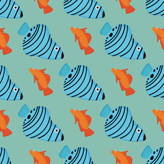 Pattern of goldfish and angelfish on a green background