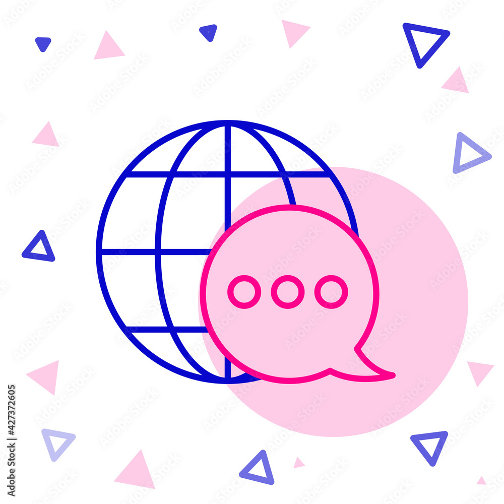 Poster line world map made from speech bubble icon isolated on white background. global communication schem