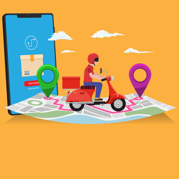 Fast and free delivery by scooter on navigation map with pin points. Catoon style flat and solid color vector illustration.