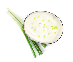 Bowl of tasty sour cream and green onion on white background