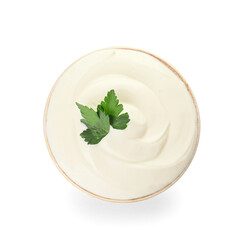 Bowl of tasty sour cream on white background