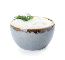 Bowl of tasty sour cream on white background