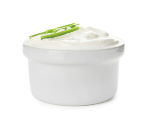 Bowl of tasty sour cream on white background