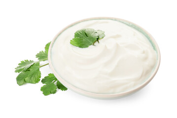 Bowl of tasty sour cream on white background