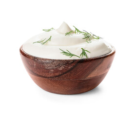 Bowl of tasty sour cream on white background