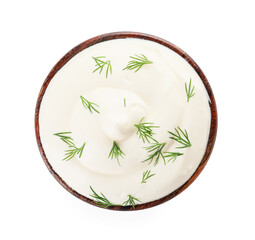 Bowl of tasty sour cream on white background