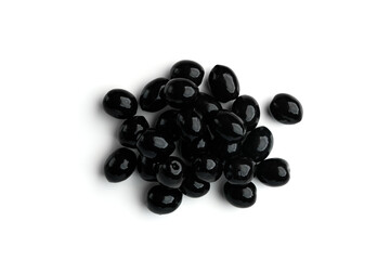 Black olives isolated on white background. Top view.