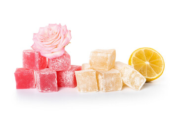 Different Turkish delight on white background