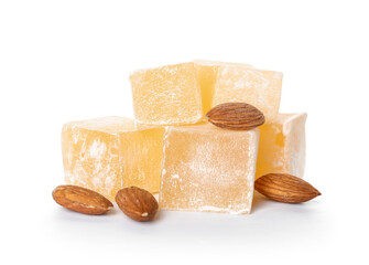 Turkish delight and almond on white background