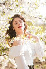Fototapeta premium Lovely young girl in a white romantic silk blouse in spring in a blooming cherry garden in sunny weather. Spring and Fashion. Spring blooming gardens