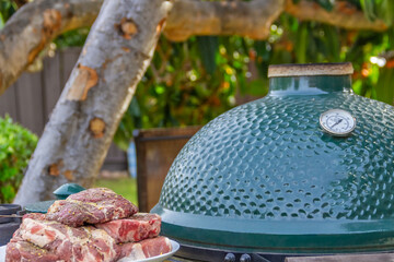 Raw meat in a plate, cut into pieces, seasoned and ready to grill, outdoors, against the backdrop of a ceramic barbecue grill called kamado or musikamado, a Japanese stove. Close-up