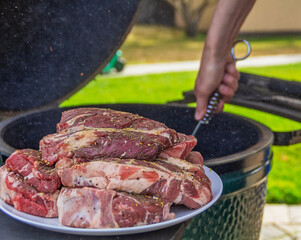 Raw meat in a plate, cut into pieces, seasoned and ready to grill, outdoors, against the backdrop of a ceramic barbecue grill called kamado or musikamado, a Japanese stove. Close-up