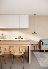 japandi modern scandinavian style apartment interior design with kitchen, 3d background vertical