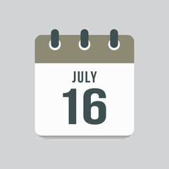 Icon day date 16 July, template calendar page