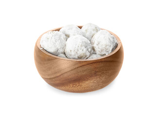 Fototapeta na wymiar Wooden bowl full of tasty Christmas snowball cookies isolated on white