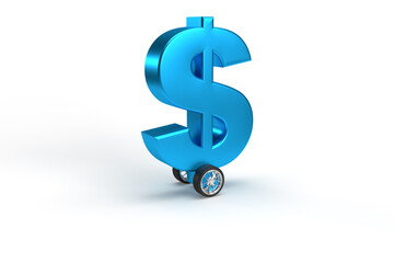 Currency dollar symbol on wheels as a car on a white isolated background.