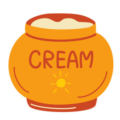 Jar with sunscreen. Cream in an open jar. Cosmetics. Face and body care products. Spf cream jar icon. Vector object in cartoon style.