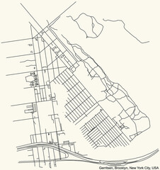 Black simple detailed street roads map on vintage beige background of the quarter Gerritsen neighborhood of the Brooklyn borough of New York City, USA