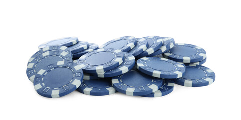 Pile of casino poker chips on white background