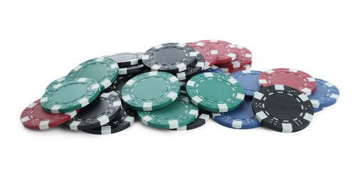 Pile of casino poker chips on white background