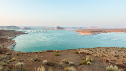Sunset at the famous Lake Powell, USA. Wide view of the bay and the water.