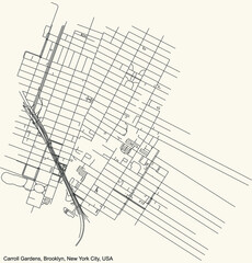 Black simple detailed street roads map on vintage beige background of the quarter Carroll Gardens neighborhood of the Brooklyn borough of New York City, USA