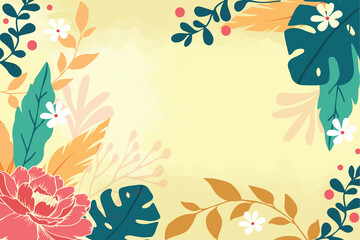 Design banner frame flower Spring background with beautiful. flower background for design. Colorful background with tropical plants. Place for your text.