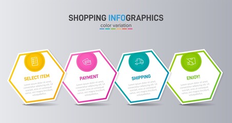 Concept of shopping process with 4 successive steps. Four colorful graphic elements. Timeline design for brochure, presentation, web site. Infographic design layout.